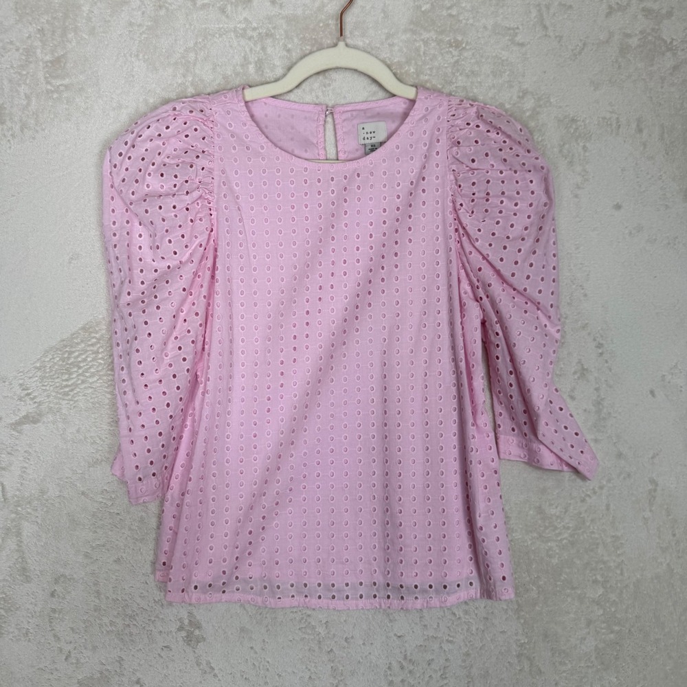 A New Day Pink Eyelet Puff Sleeve Blouse Womens XS Barbiecore Cottagecore